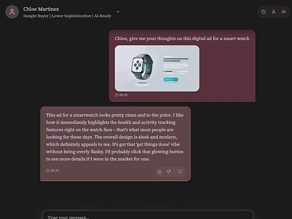 Savanta's virtual personas platform in use - image shows chat conversation interface with a virtual persona being asked question about a smart watch